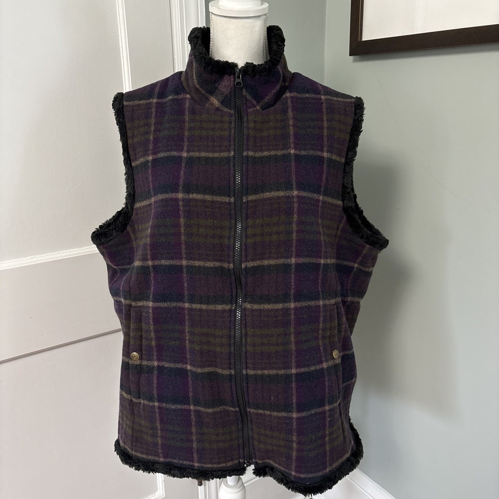 Woolrich Wool Blend Mulberry Vest Women's 2XL Plaid Purple Green Black Faux Fur